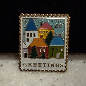 Vintage Greetings Stamp Enamel Pin - Multicolor